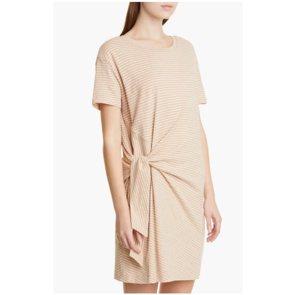 Vince Tee Shirt Dress Women Medium Tan White Striped Side Tie Cotton Preppy
